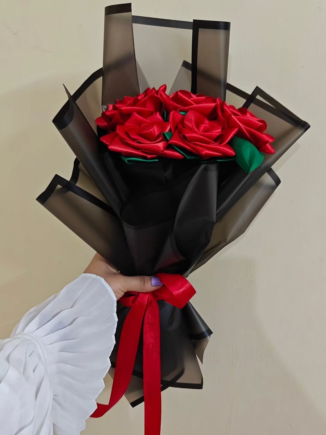 Hand-shaped ribbon roses — our signature bouquet